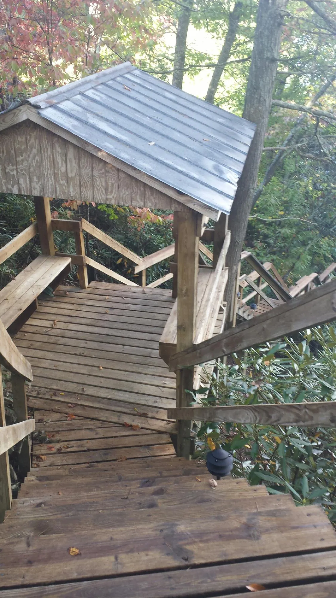 Metal roofed shelter over wooden steps on a wooded walkway — Skylight Repair & Installation work by our crew in Waban