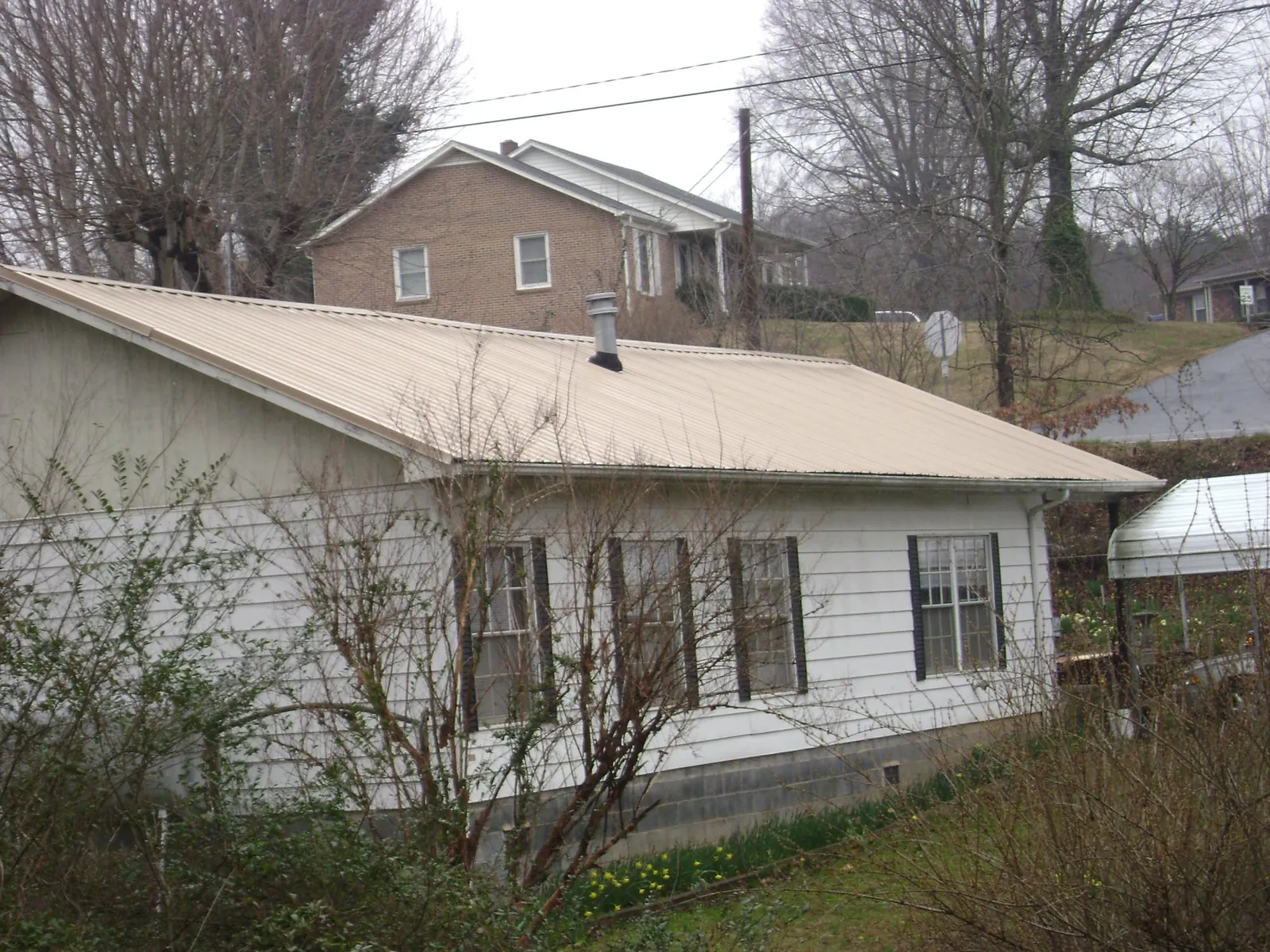 Tan metal roof on a white sided house set into a hillside in Waban
